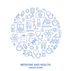 Vector medicine and health design seamless pattern with modern linear icons. Medical background with line style symbols.