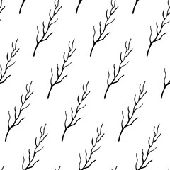 Abstract branch pattern with hand drawn branches. Cute vector black and white branch pattern. Seamless monochrome branch pattern for fabric, wallpapers, wrapping paper, cards and web backgrounds.