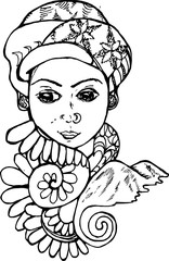 Psychedellic drawing of an Arab girl in a turban with patterns, leaves in the foreground and a mountain in the background.