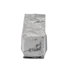 blank foil Aluminium bag for baby milk powder, tea or coffee isolated on white background with clipping path