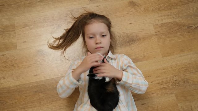 Top view child little girl plays strokes guinea pig pet lying on the floor