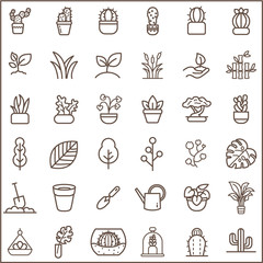 Set of plant and cactus Vector Icons. Contains such Icons as succulent, blooming plant, monstera, leaf, foliage, bough, tree, houseplant, terracotta pot And Other Elements.