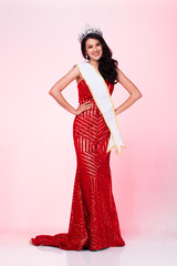 Portrait of Miss Pageant Contest in Asian Red Sequin Evening Ball Gown dress with Silver Diamond...