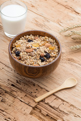 Mixed Muesli with a glass of Milk on wooden background