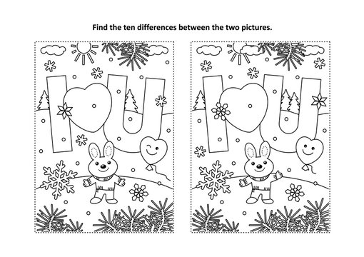 Valentine's Day find the ten differences picture puzzle and coloring page with I Love You message and cute little bunny
