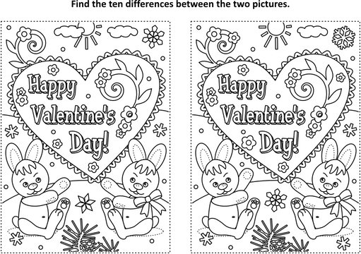 Valentine's Day find the ten differences picture puzzle and coloring page with Happy Valentine's Day greeting text and two cute little bunnies
