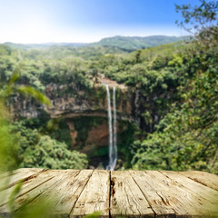 Table background of free space and big waterfall 