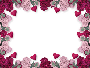 Floral frame with rose flowers and two hearts for Valentines day isolated on white background and...
