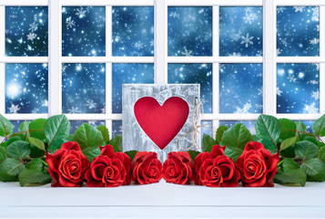 Home interior decor with window for of Valentines Day with photo frame in shabby chic style with heart mockup and red roses