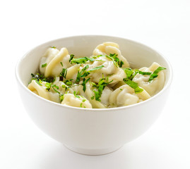 Meat dumplings - russian pelmeni, ravioli with meat. Isolated on