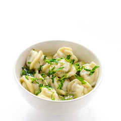 Meat dumplings - russian pelmeni, ravioli with meat. Isolated on