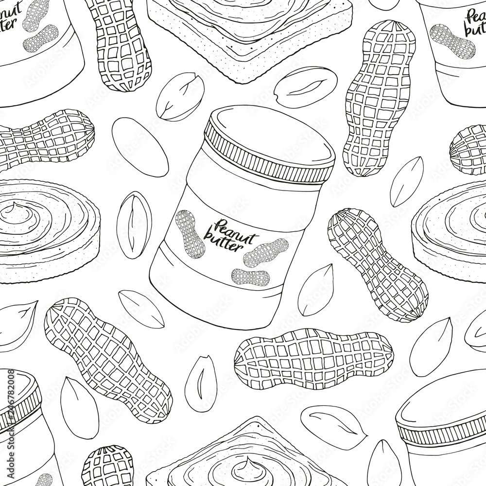 Poster seamless pattern made from different objects. jars with peanut butter, bread. hand drawn endless pic