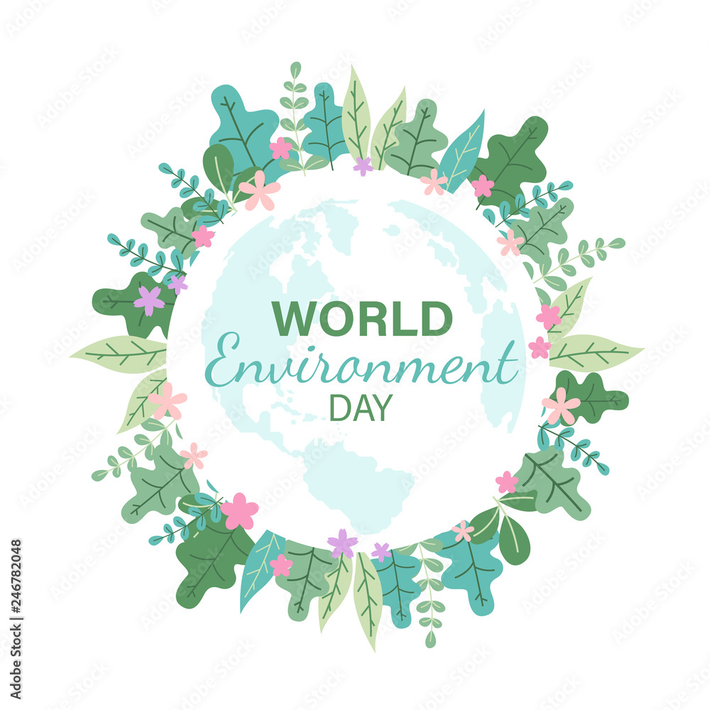 Poster world environment day banner with abstract circle leaf anf flower frame and map earth background vec