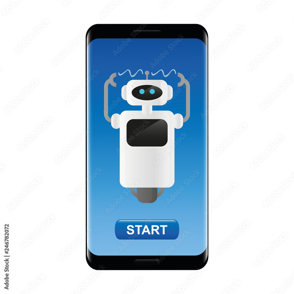 Aufkleber cute working robot in a smartphone with start button vector illustration eps10