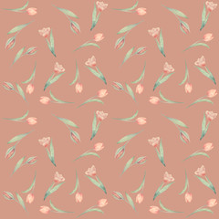 Seamless pattern hand-drawn watercolor. Spring pink tulips