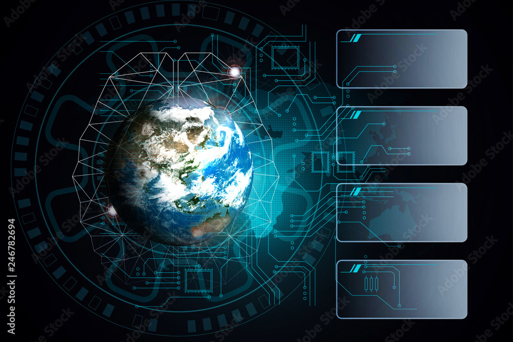 Poster disruptive technologies that changed the world.disruption concept.texture map courtesy of nasa.