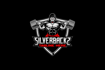 BODYBUILDING GORILLA ANIMAL CARTOON CHARACTER WILD WEIGHTLIFTING WITH BARBEL VECTOR LOGO TEMPLATE © infernal  kiss