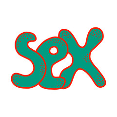 Sex word green and red hand drawn lettering in cartoon style