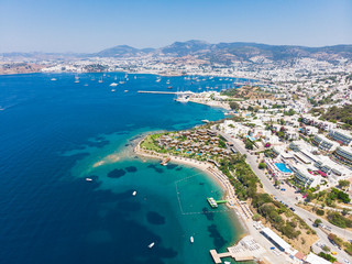 Aerial view of sunny Bodrum with resorts and beachfront villas