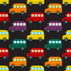 Seamless pattern with colorful buses on a black background.