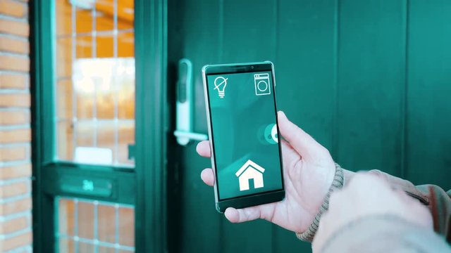 Smart home app on mobile phone opens door lock wirelessly