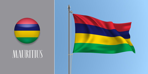 Mauritius waving flag on flagpole and round icon vector illustration