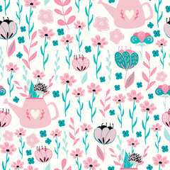 Seamless pattern with cute hand drawn flowers in spring pastek colors and watering can