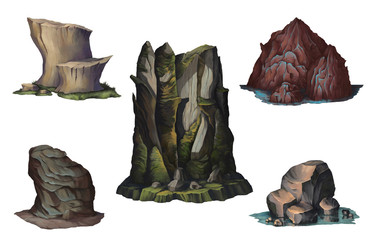 Fantasy mountains on the island and rocks set. Concept design digital art. Isolated on white background.  Hand drawn illustration