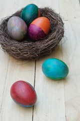 Decorative colorful painting easter eggs in nest, fun event activity for kid concept