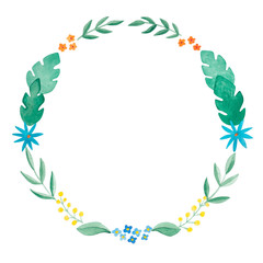 A wreath of watercolor flowers and leaves on a white background. Raster blank for design. Flower doodles. Frame for a holiday card.