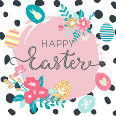 Fototapeta na wymiar Happy Easter hand written lettering words and cute floral adorable banner with flowers, eggs, leaves and hand drawn textures on background