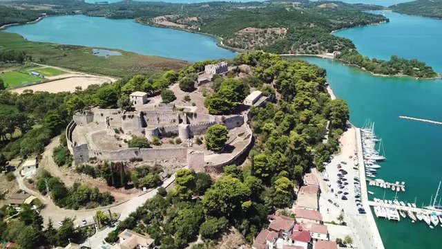 Aerial drone view video of iconic medieval castle in picturesque city of Vonitsa, Amvrakikos bay, Etoloakarnania, Greece