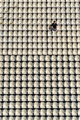 empty white seats with a boy sitting waiting