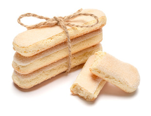 Traditional Italian Savoiardi ladyfingers Biscuits on White Background