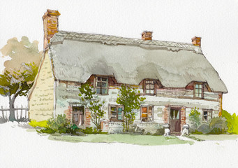 English cottage watercolor hand drawn painting