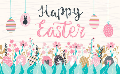 Happy Easter hand written lettering words and cute floral adorable banner with flowers, eggs, leaves and hand drawn textures on background