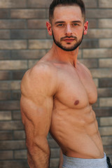 Young athlete posing with a torso for photography on a brick wall background. Bodybuilder, athlete with pumped muscles, breast and arm rescue