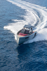 luxury motor boat, aerial view 