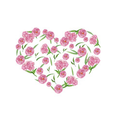 Pink heart flower wreath with wotercolor roses and rosebuds, isolated on white background. Best for wedding invitations design, valentine's day and mother's day cards, birthday, textile, diy.