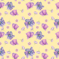 Seamless pattern of purple garden flowers