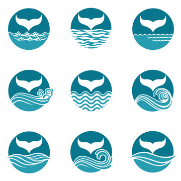 collection with abstract symbols of whale tail and sea wave