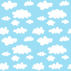 Hand drawn seamless pattern of clouds on blue sky.