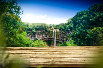 Fototapeta na wymiar Table background of free space and waterfall 
