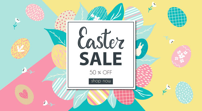 Happy Easter hand written lettering words and cute sale banner with flowers, eggs, leaves and hand drawn textures on background
