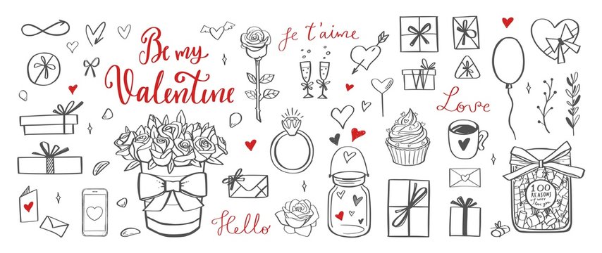 Happy Valentines day vector doodle set with Lettering