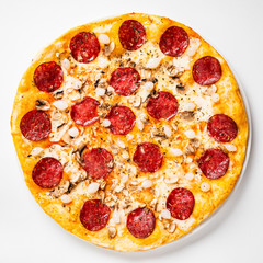 Pepperoni Pizza with Mozzarella cheese, salami, Tomatoes, pepper.