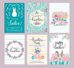 Set of Easter greeting cards and invitation for Easter egg hunt party designs in cute hand drawn style with florals, flowers, hand painted textures and bunny rabbits