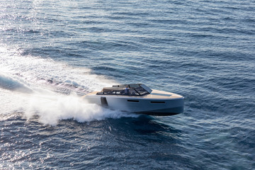luxury motor boat, aerial view 