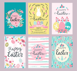 Set of Easter greeting cards and invitation for Easter egg hunt party designs in cute hand drawn style with florals, flowers, hand painted textures and bunny rabbits