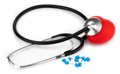 Medical,  stethoscope pills and heart on a white background